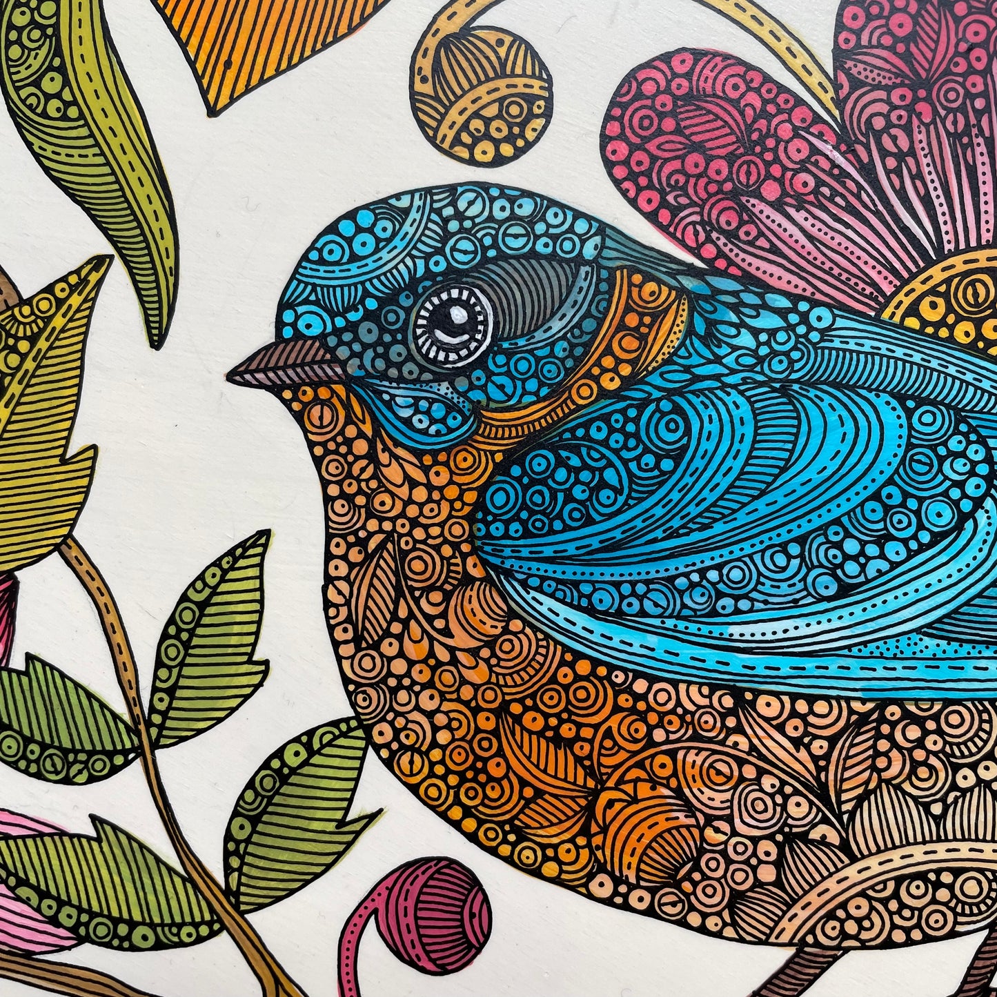 Blue Bird - Original painting on 12 inch wood disk