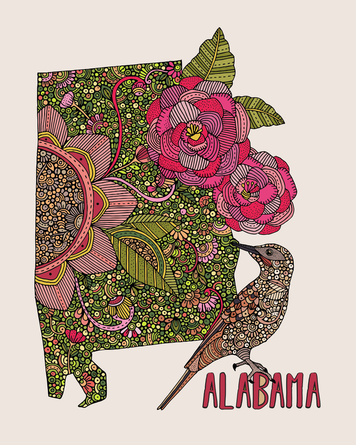 Alabama State Map - State Bird Northern flicker- State Flower Camellia