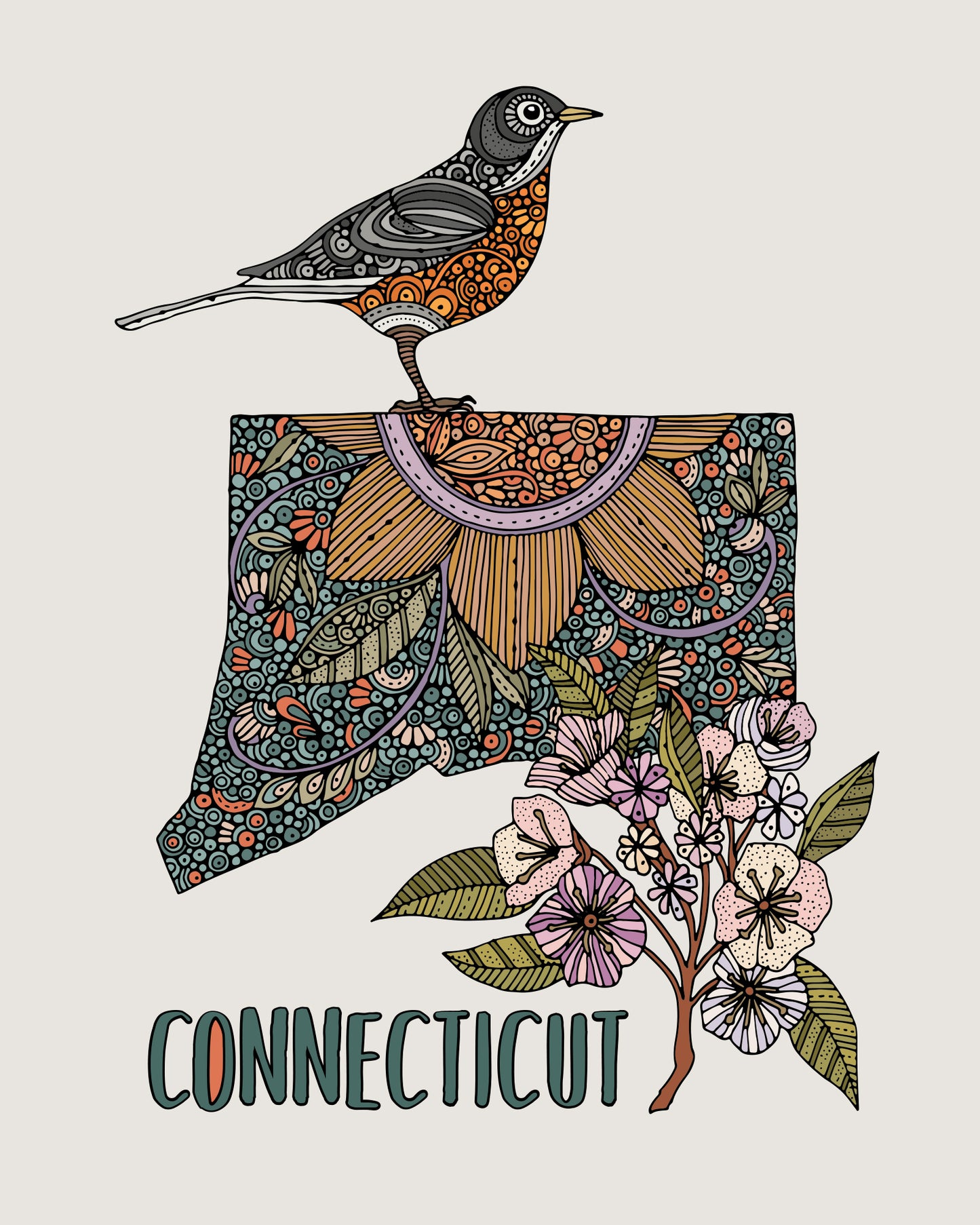 Connecticut State Map - State Bird American robin- State Flower mountain laurel