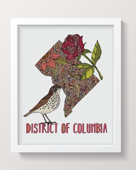 District of Columbia State Map - State Bird Wood Thrush- State Flower American Beauty Rose