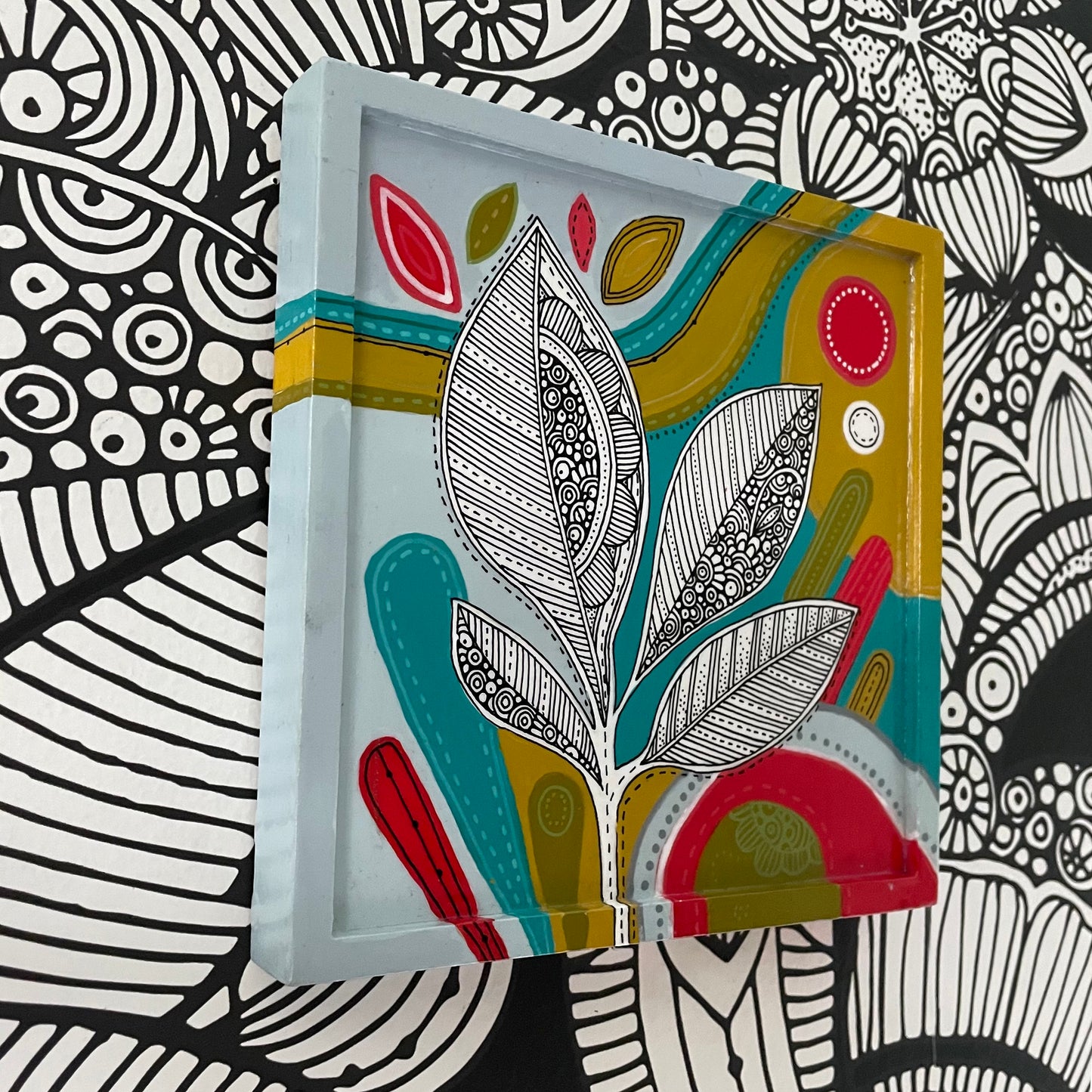 Floral1 Pen and Ink Art: Original Acrylic Painting, 6x6 Wall Decor