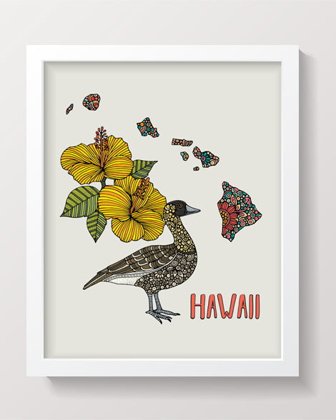 Hawaii State Map - State Bird nene/Hawaiian goose- State Flower yellow hibiscus