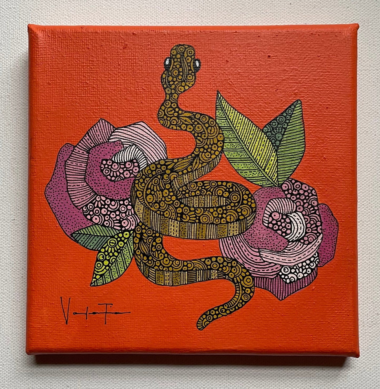 La Serpiente- Original Pen and Ink Artwork - 6x6 canvas