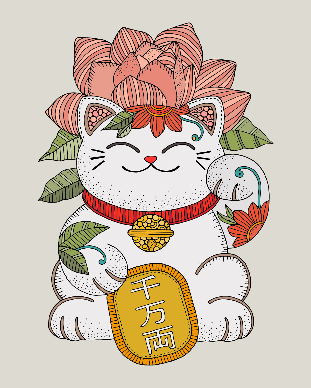 Lucky Blossom Maneki Neko Art Print – Floral Lucky Cat Wall Decor
