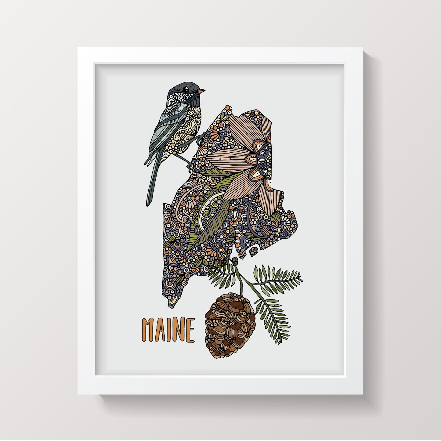 Maine State Map - State Bird Chickadee - State Flower White pine cone
