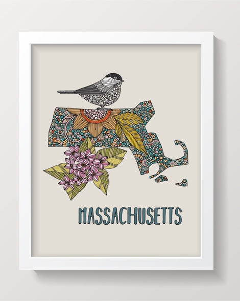 Massachusetts State Map - State Bird black-capped chickadeee- State Flower mayflower