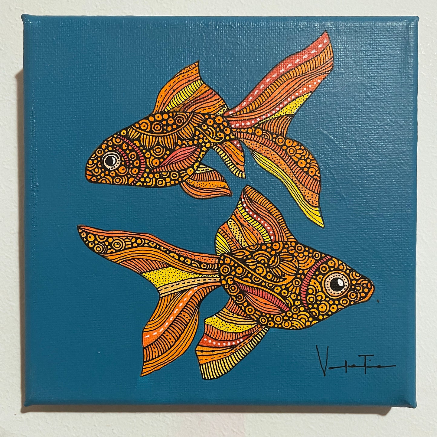 Los Peces- Original Pen and Ink Artwork - 6x6 canvas
