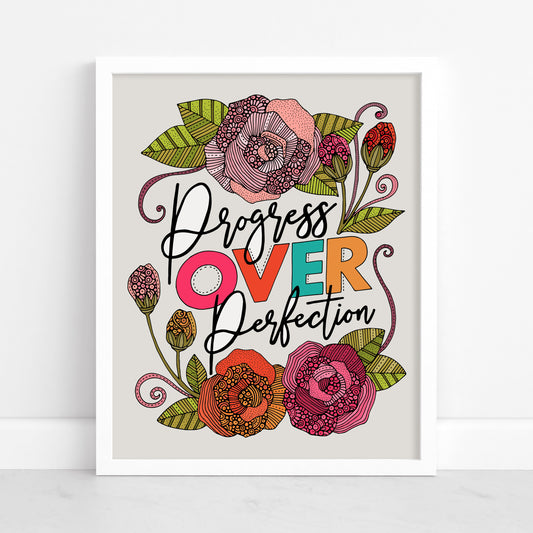 Progress Over Perfection, Art Print - Motivational Floral Wall Art