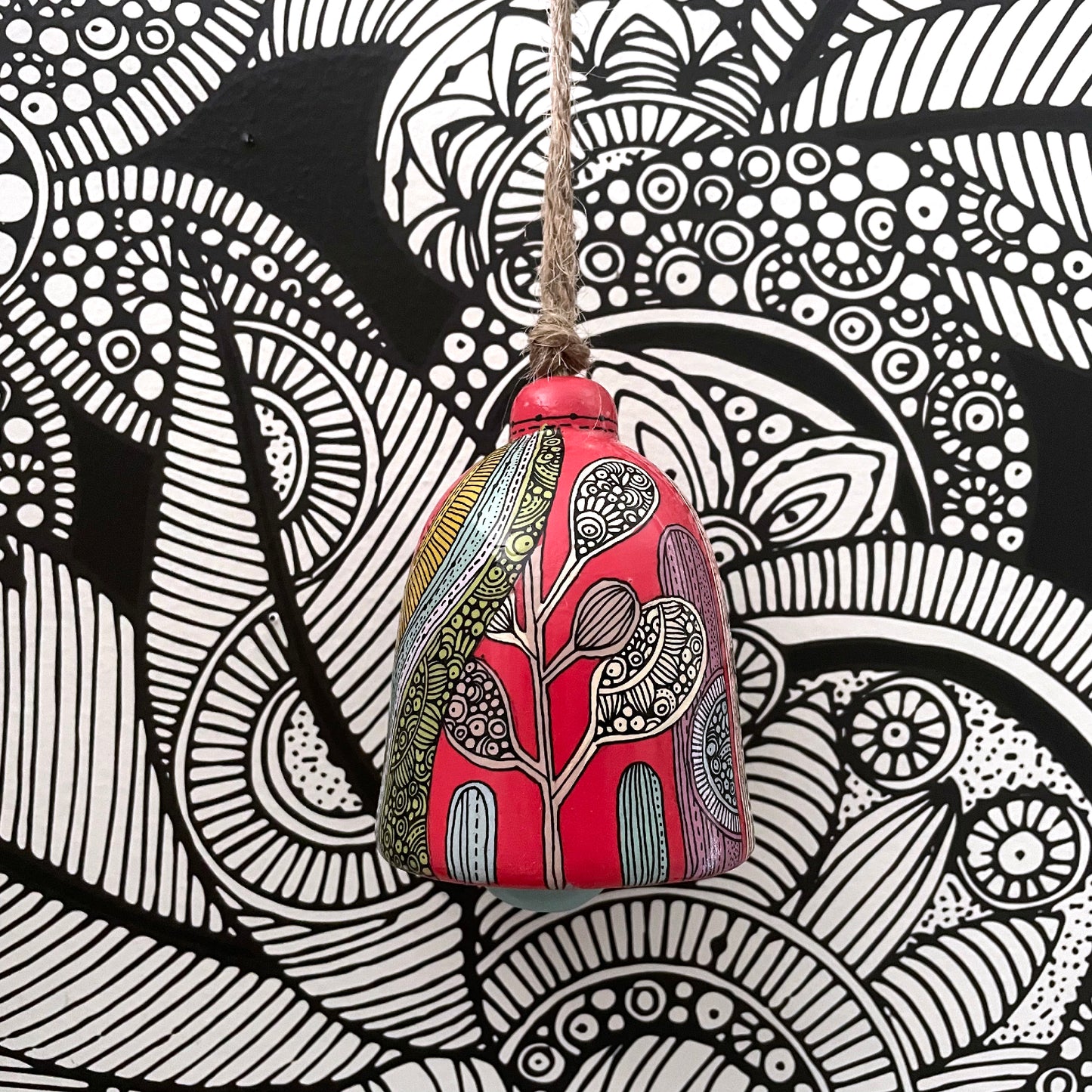 Red Hand painted Ceramic bell wall decor - Home decor - One of a Kind