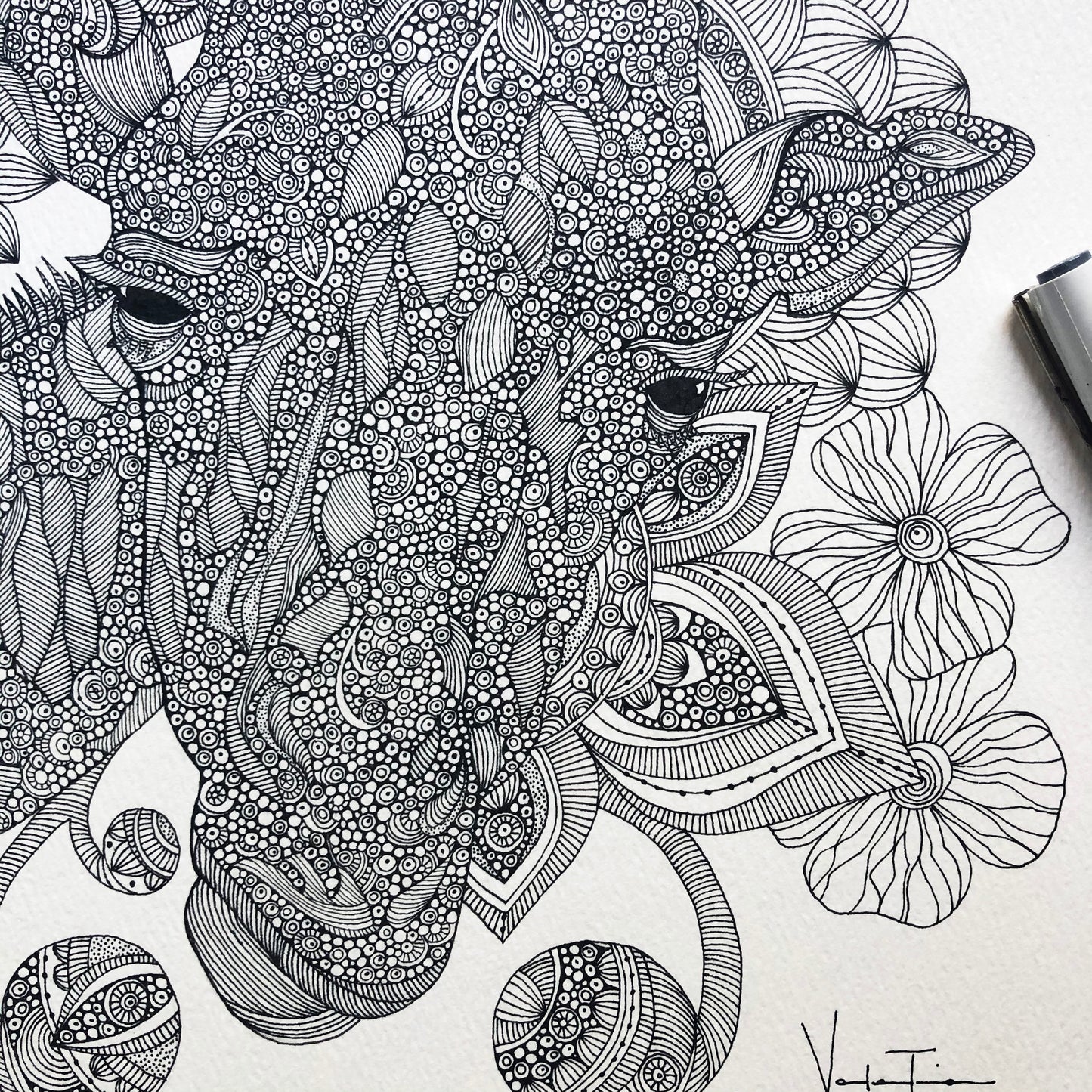 Giraffe Pen and Ink Drawing: Original Doodle Art on Watercolor Paper