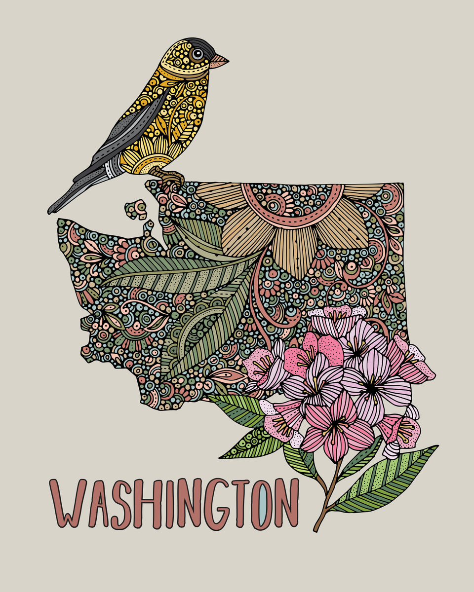 Washington State Map - State Bird American Goldfinch - State Flower Co