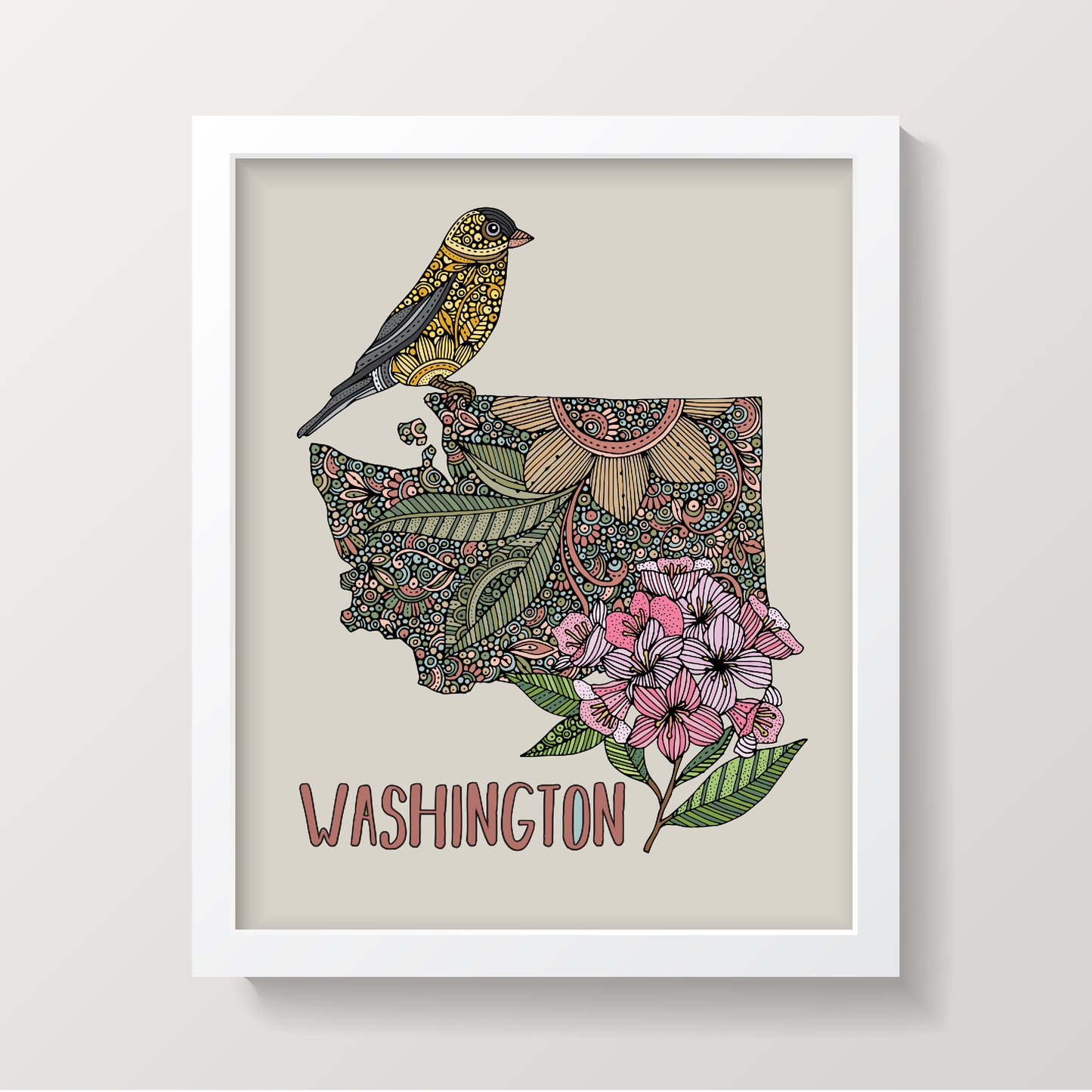 Washington State Map - State Bird American Goldfinch - State Flower Coast rhododendron