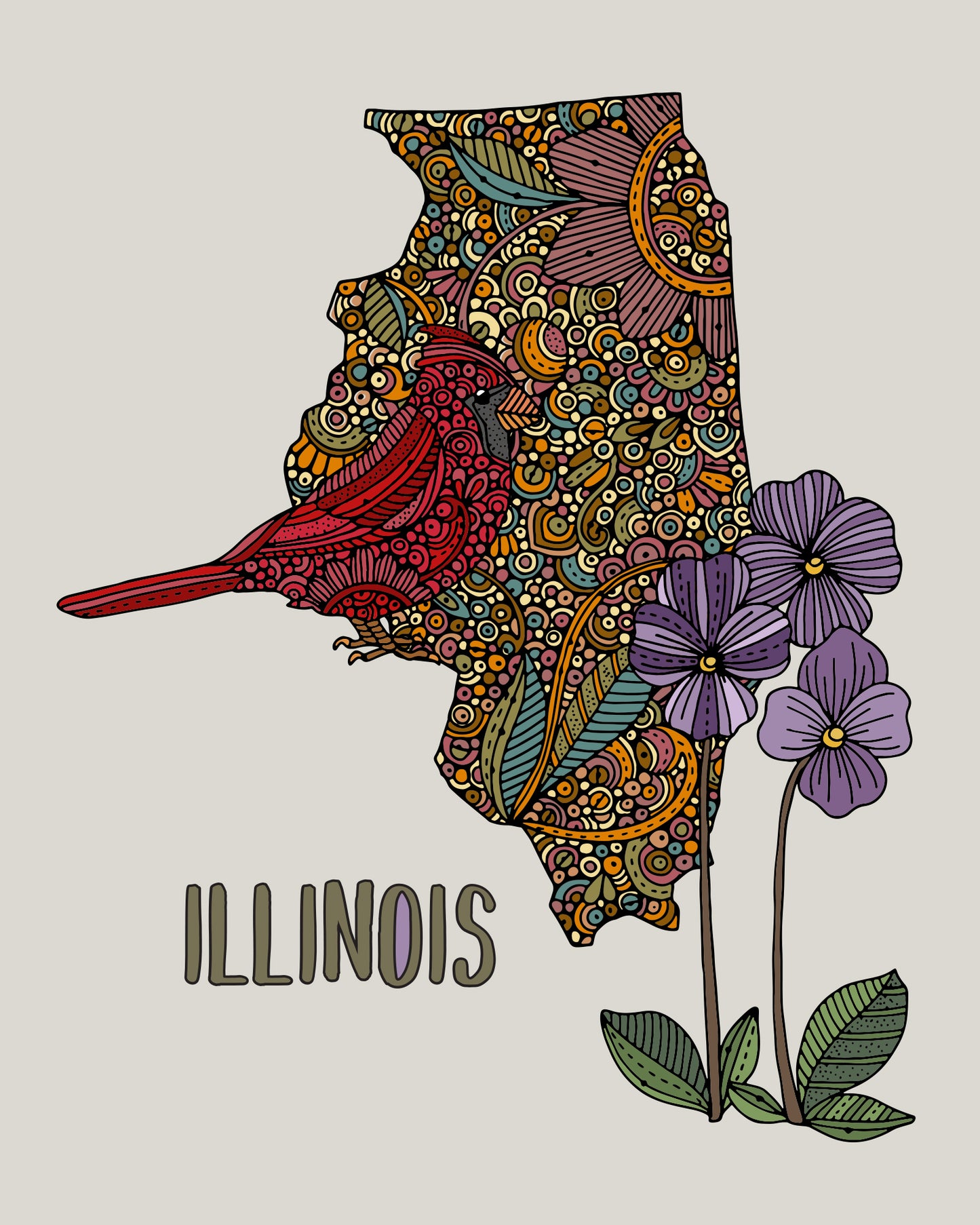 Illinois State Map - State Bird Cardinal - State Flower Purple Violet