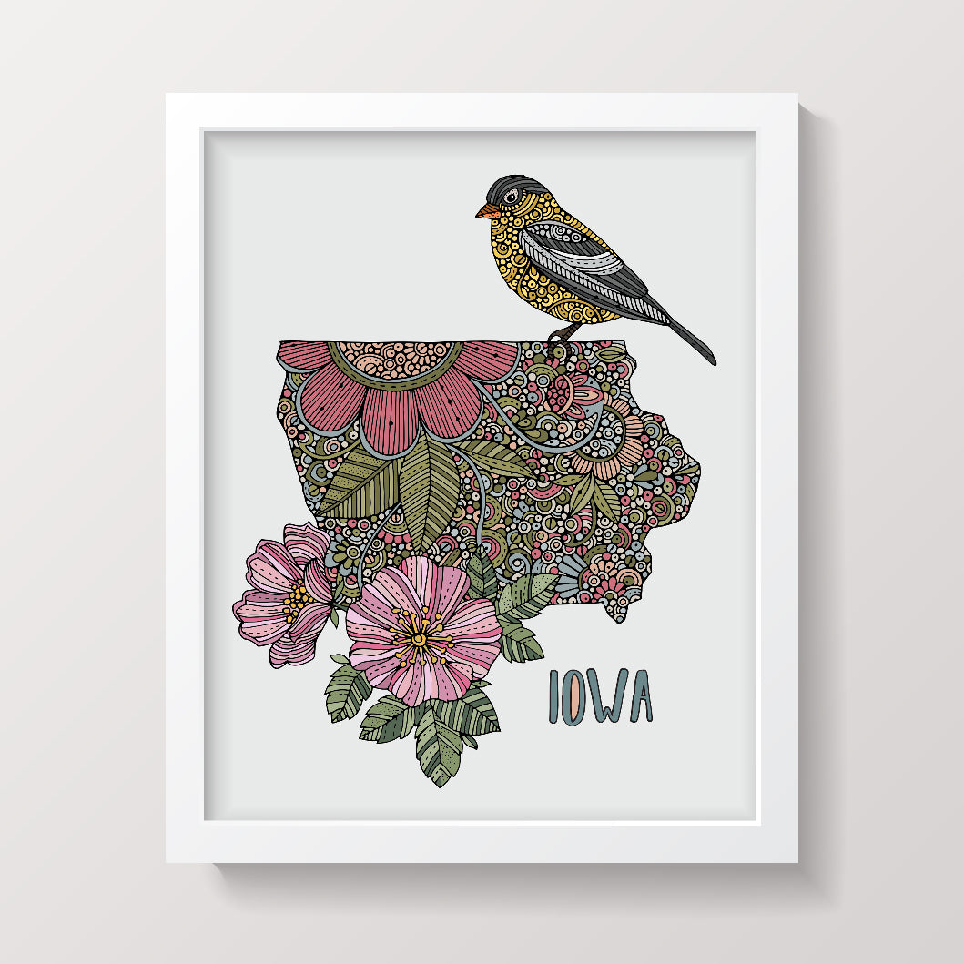 Iowa State Map - State Bird Eastern Goldfinch - State Flower Wild Prairie Rose