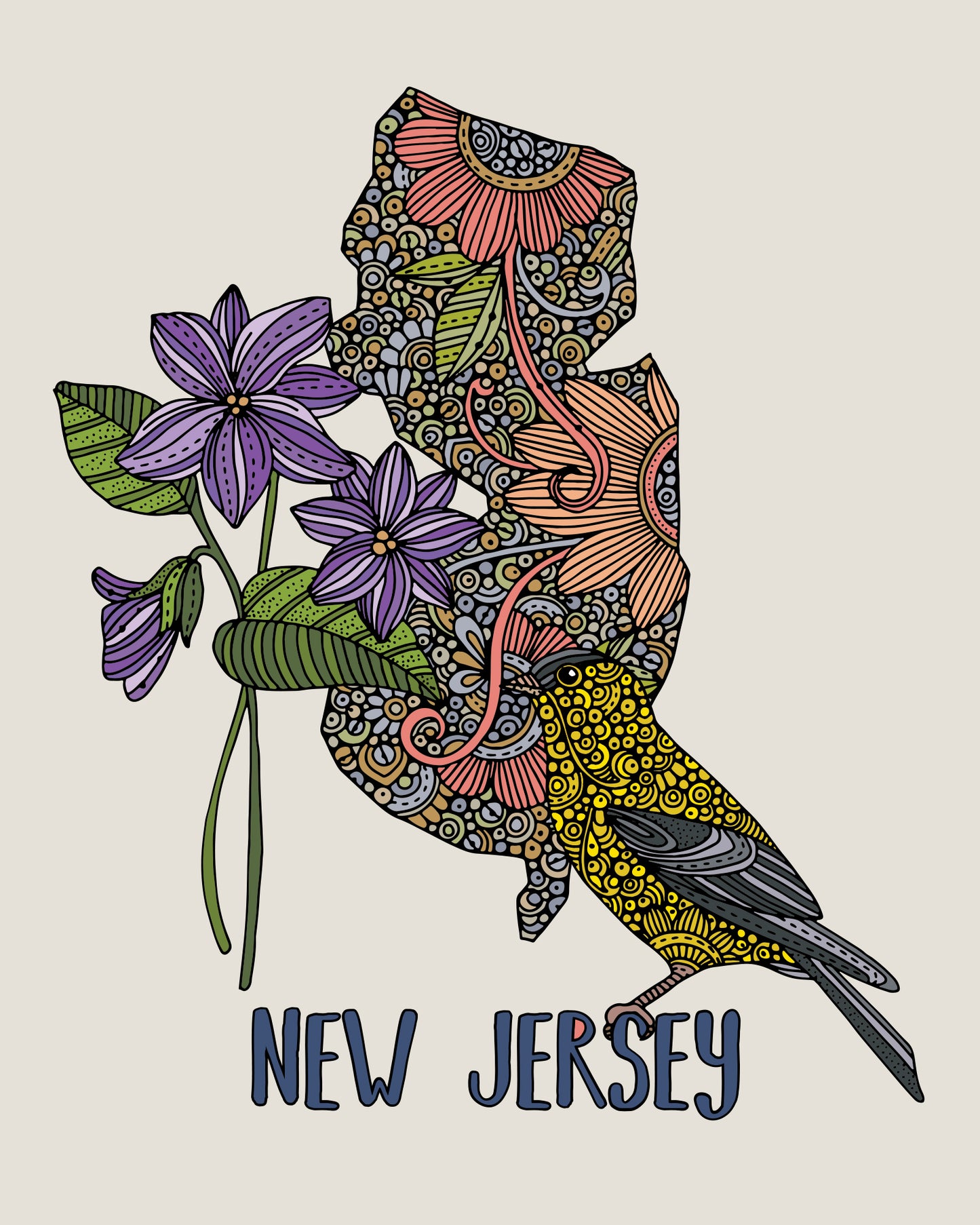 New Jersey State Map - State Bird Violet