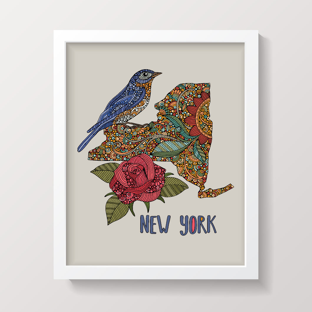 New York State Map - State Bird Bluebird - State Flower Rose
