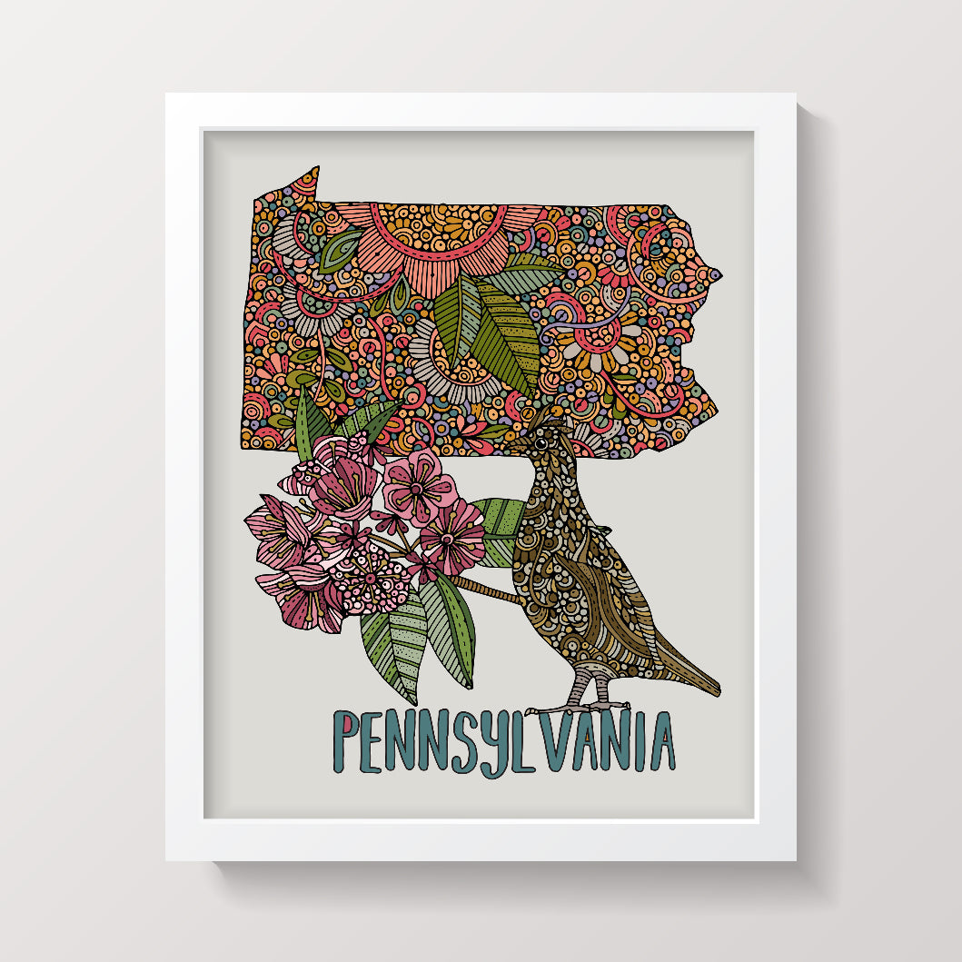 Pennsylvania State Map - State Bird Ruffed Grouse - State Flower Mountain Laurel