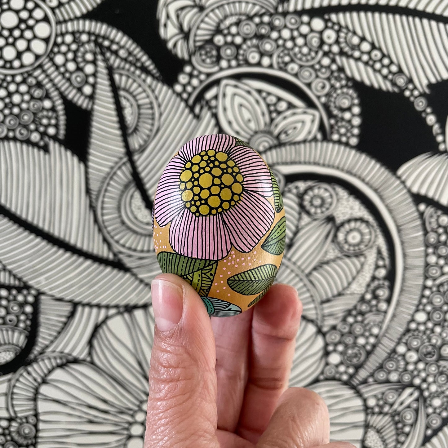 Hand-Painted Wood Easter Egg: Pen & Ink Floral Decor -10
