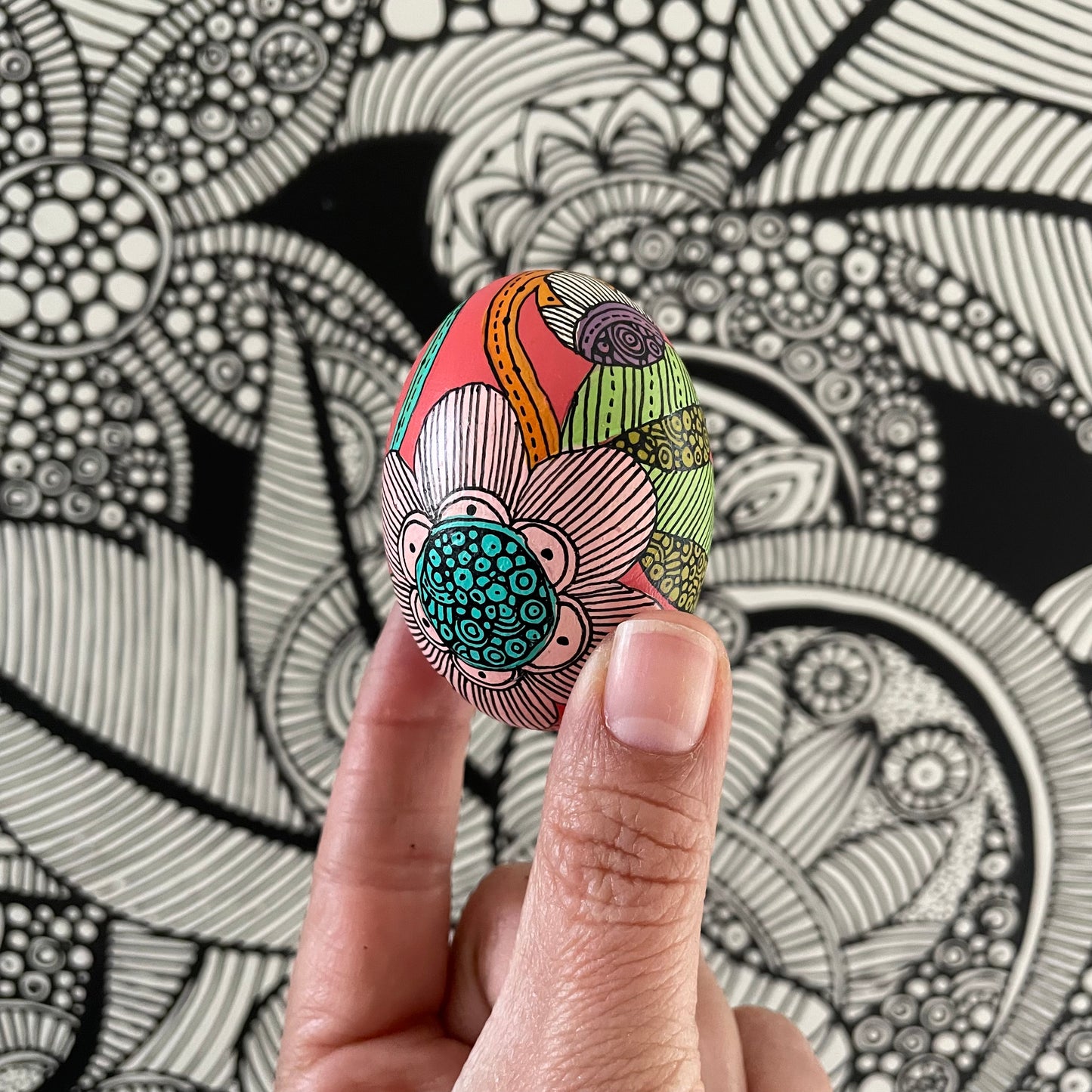 Hand-Painted Wood Easter Egg: Pen & Ink Floral Decor -12