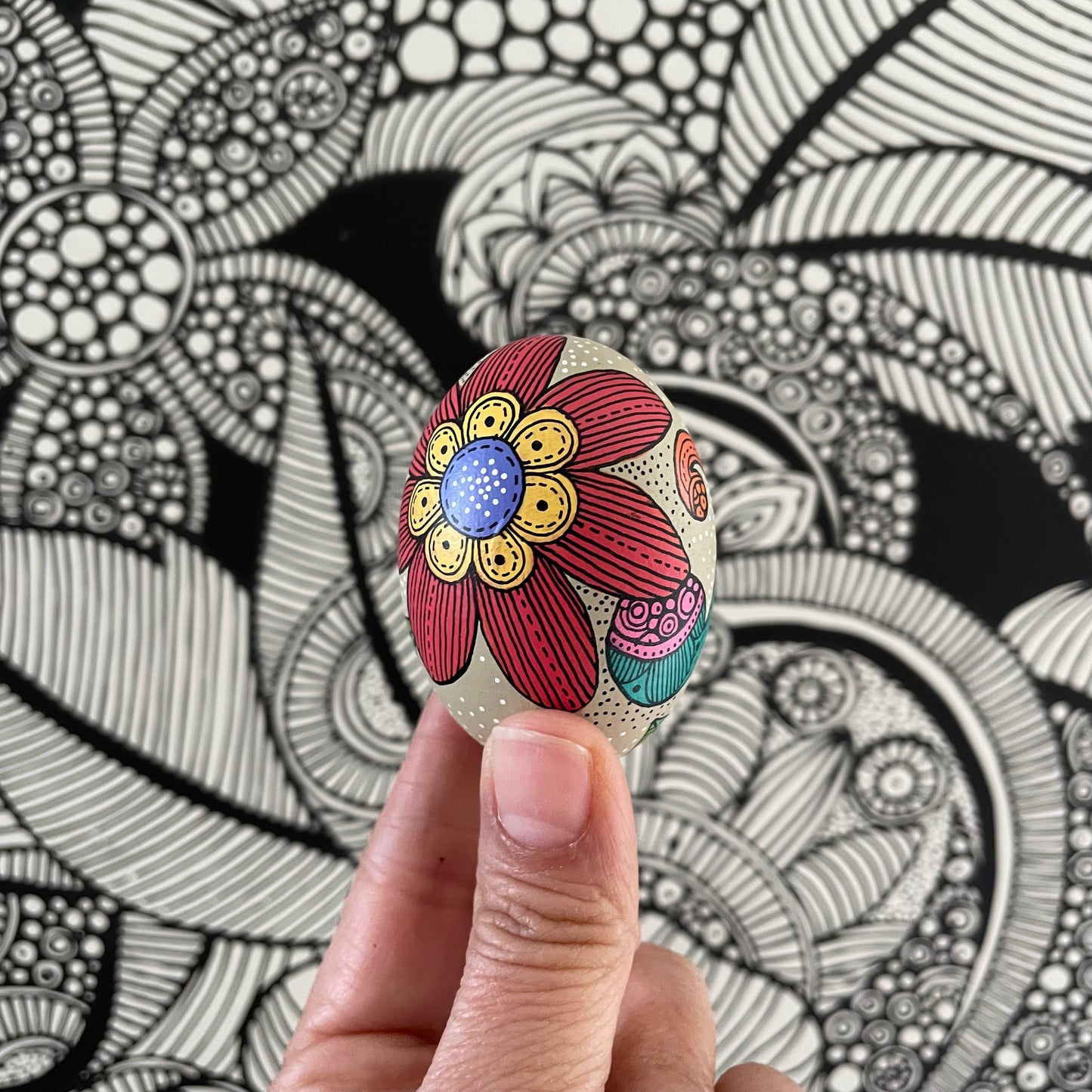Hand-Painted Wood Easter Egg: Pen & Ink Floral Decor -13