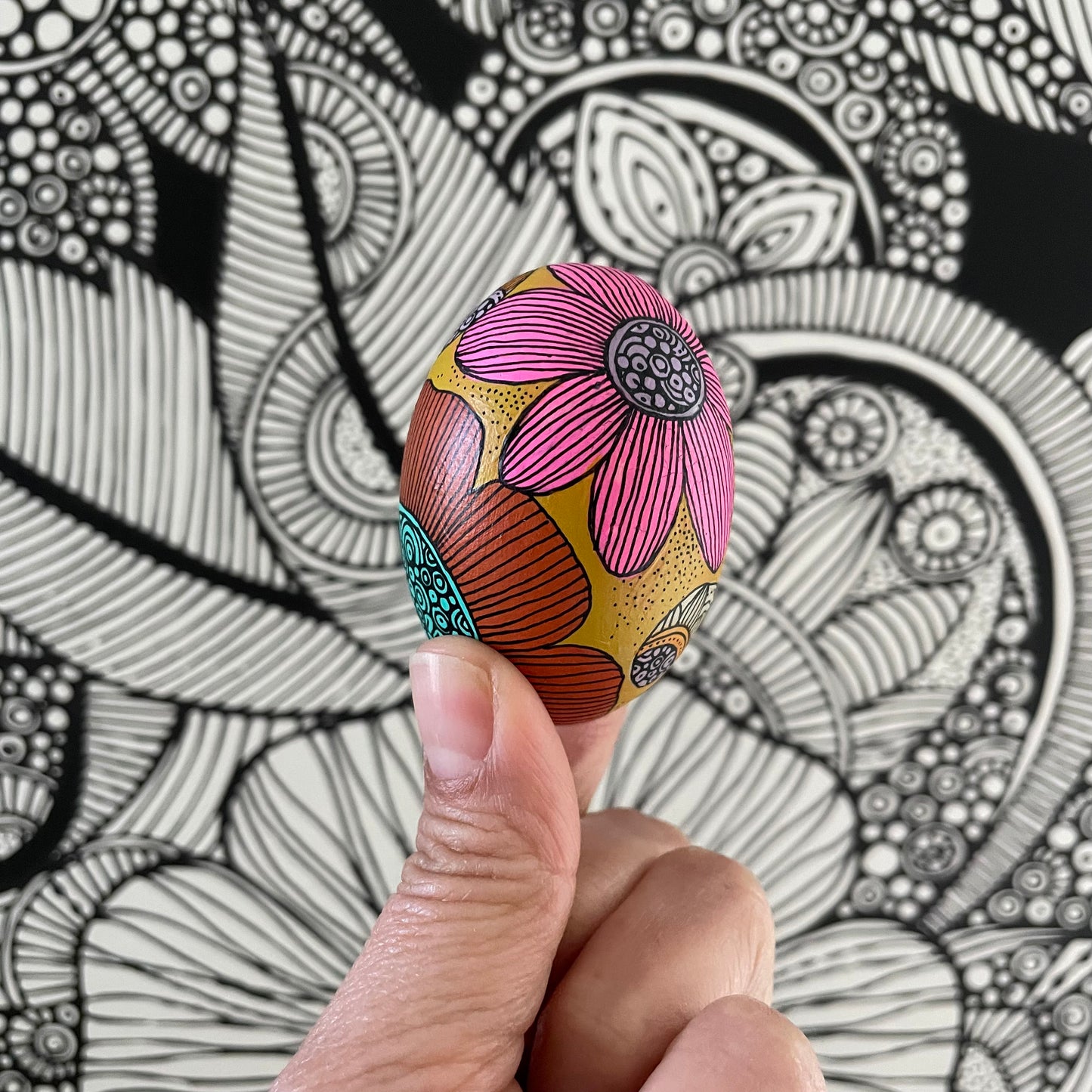 Hand-Painted Wood Easter Egg: Pen & Ink Floral Decor -14