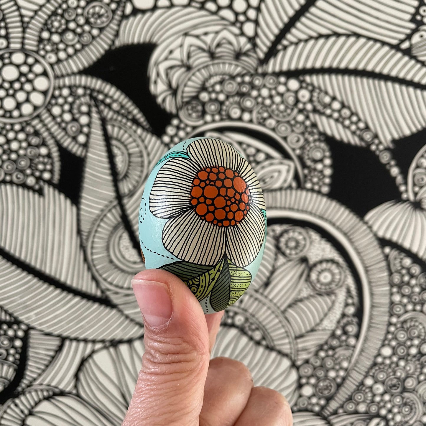 Hand-Painted Wood Easter Egg: Pen & Ink Floral Decor -15