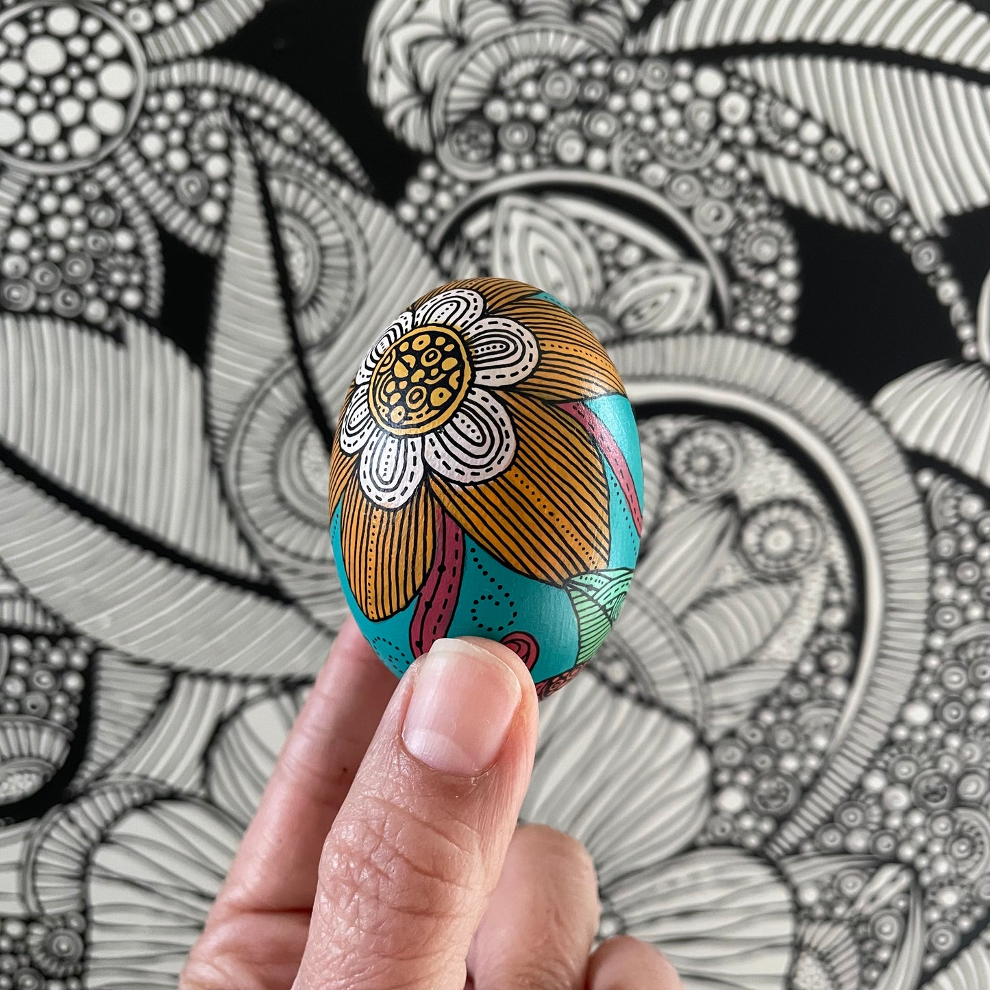 Hand-Painted Wood Easter Egg: Pen & Ink Floral Decor -16