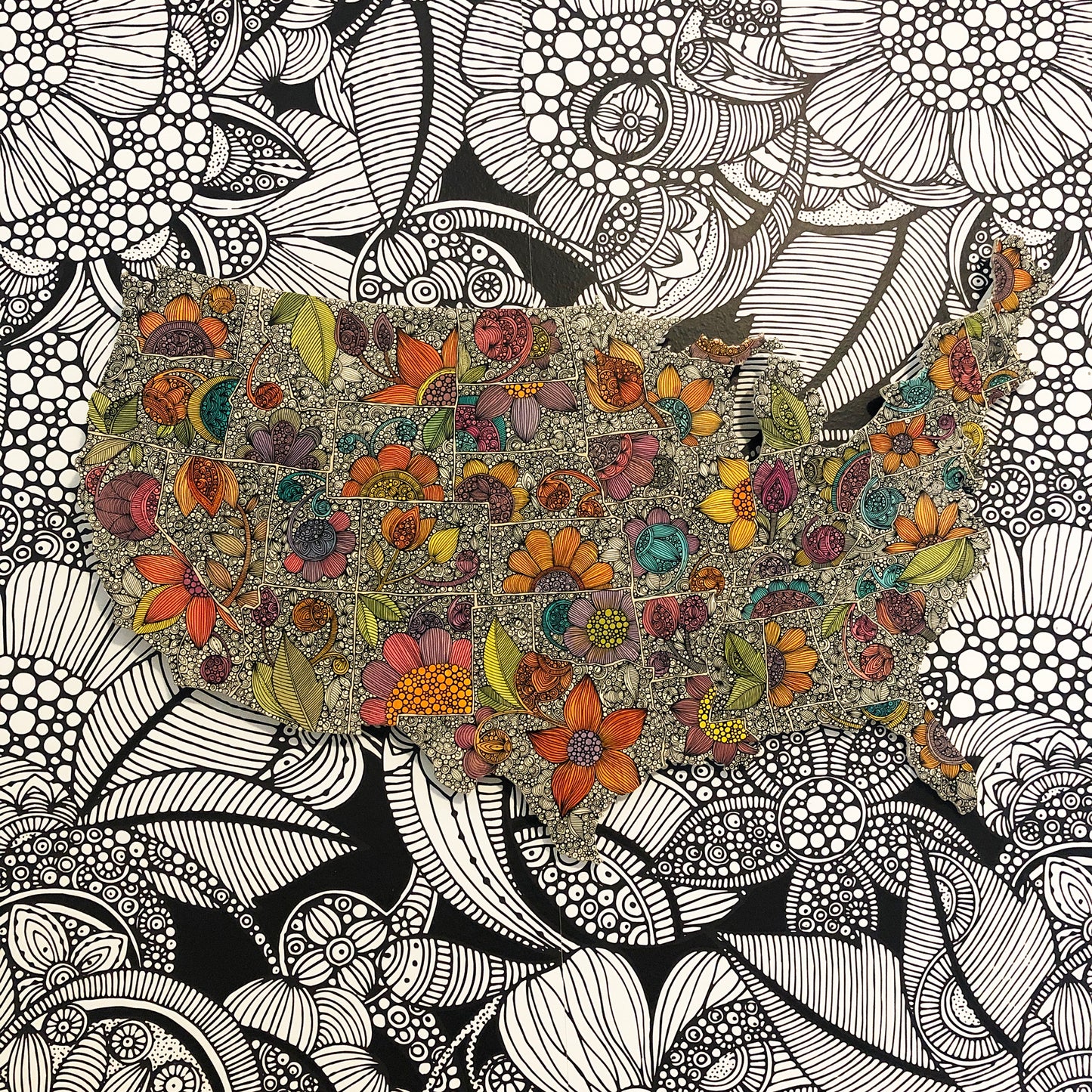 Original Floral United States Map Wood Art: Pen & Ink, Acrylic Decor