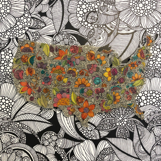 Original Floral United States Map Wood Art: Pen & Ink, Acrylic Decor