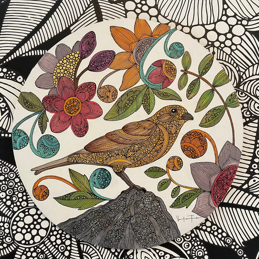 Yellow Bird - Original painting on 12 inch wood disk