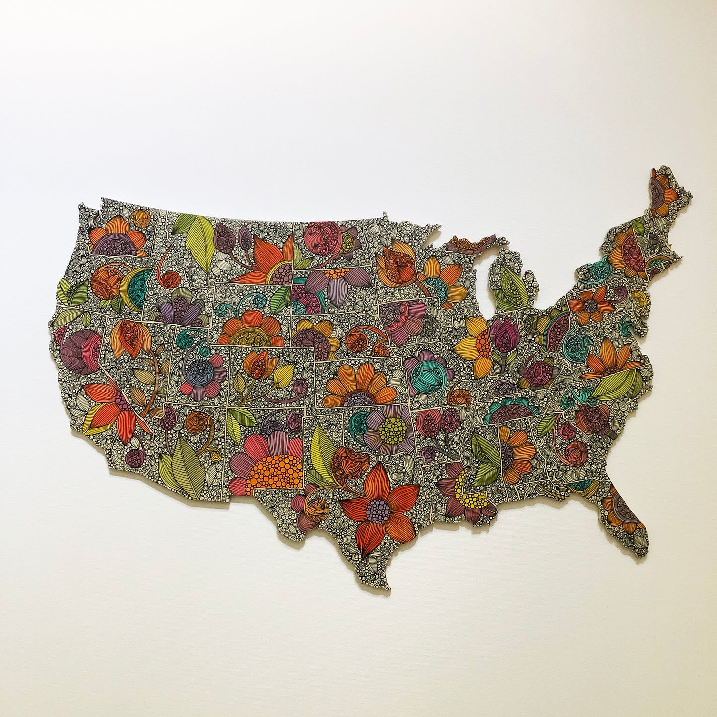 Original Floral United States Map Wood Art: Pen & Ink, Acrylic Decor