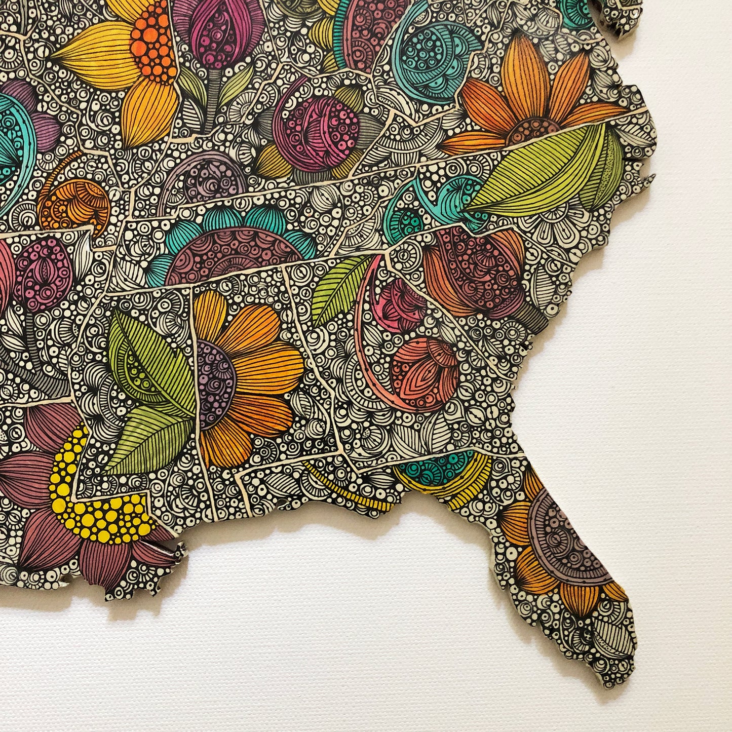 Original Floral United States Map Wood Art: Pen & Ink, Acrylic Decor