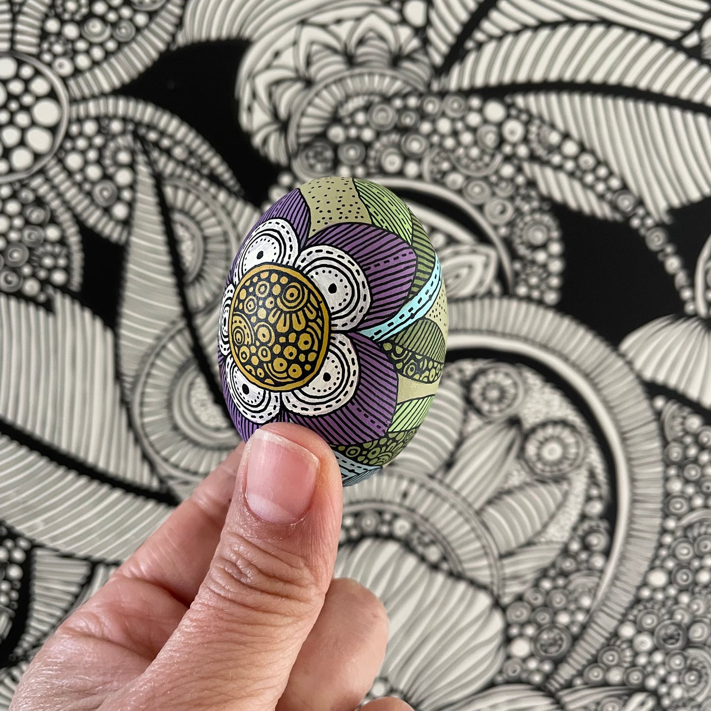 Hand-Painted Wood Easter Egg: Pen & Ink Floral Decor -5