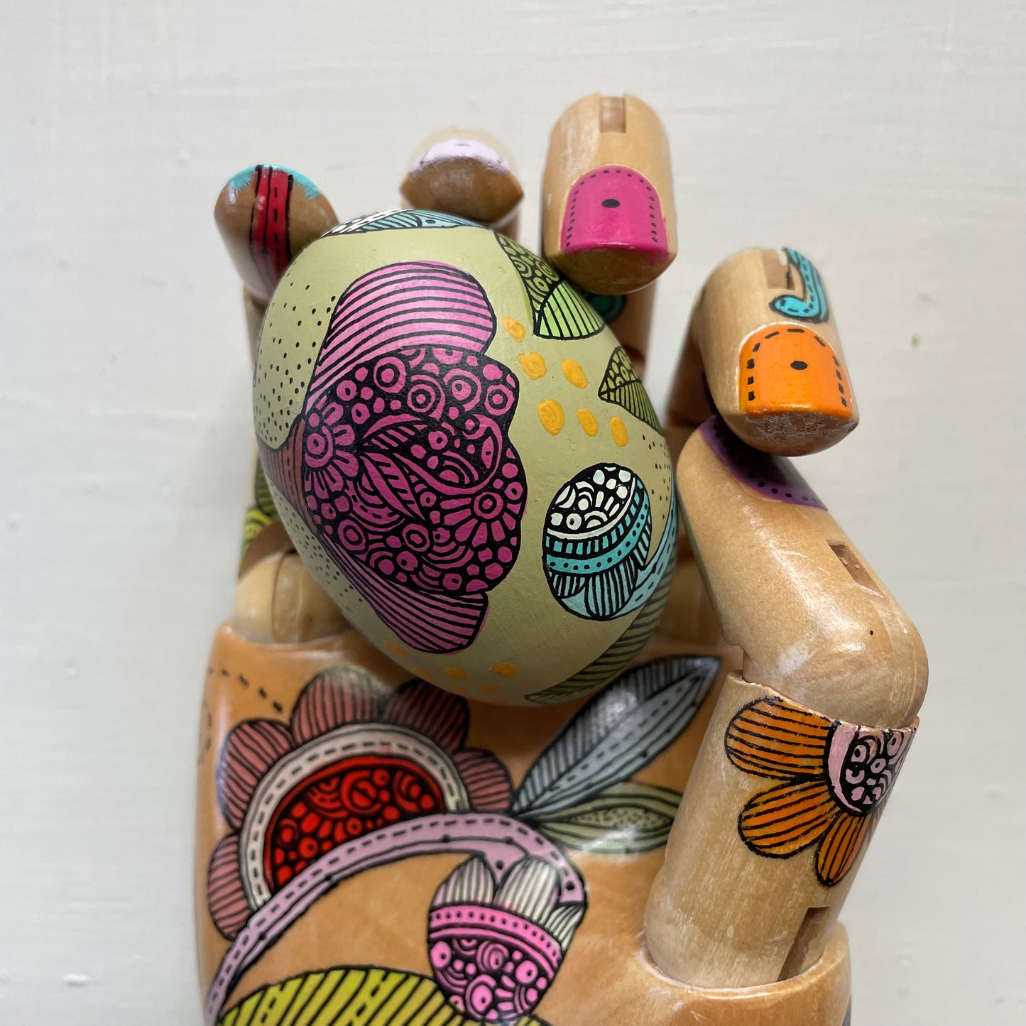 Hand-Painted Wood Easter Egg: Pen & Ink Floral Decor -5