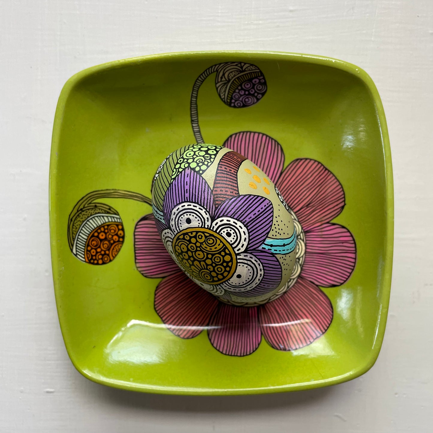 Hand-Painted Wood Easter Egg: Pen & Ink Floral Decor -5