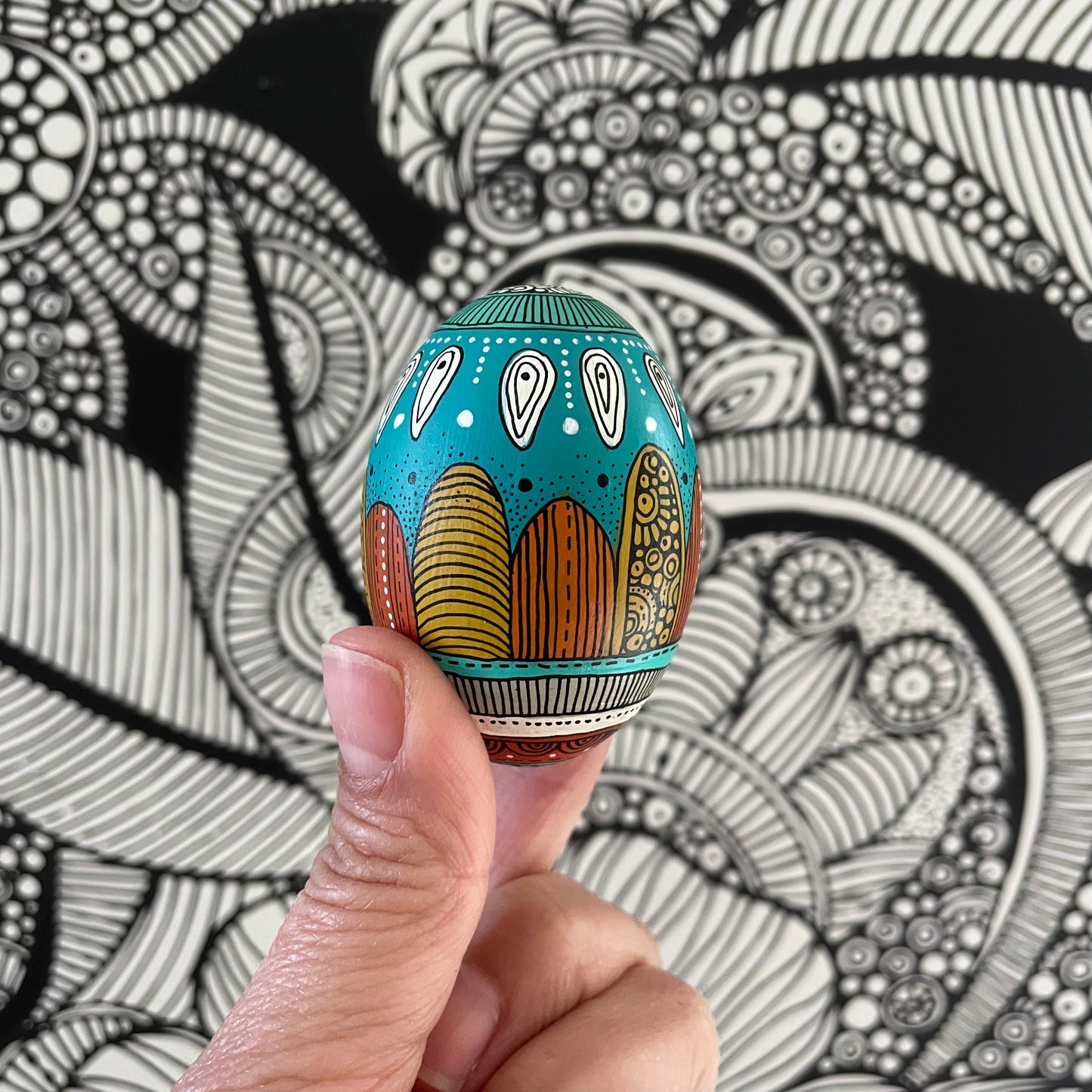 Hand-Painted Wood Easter Egg: Pen & Ink Floral Decor -6