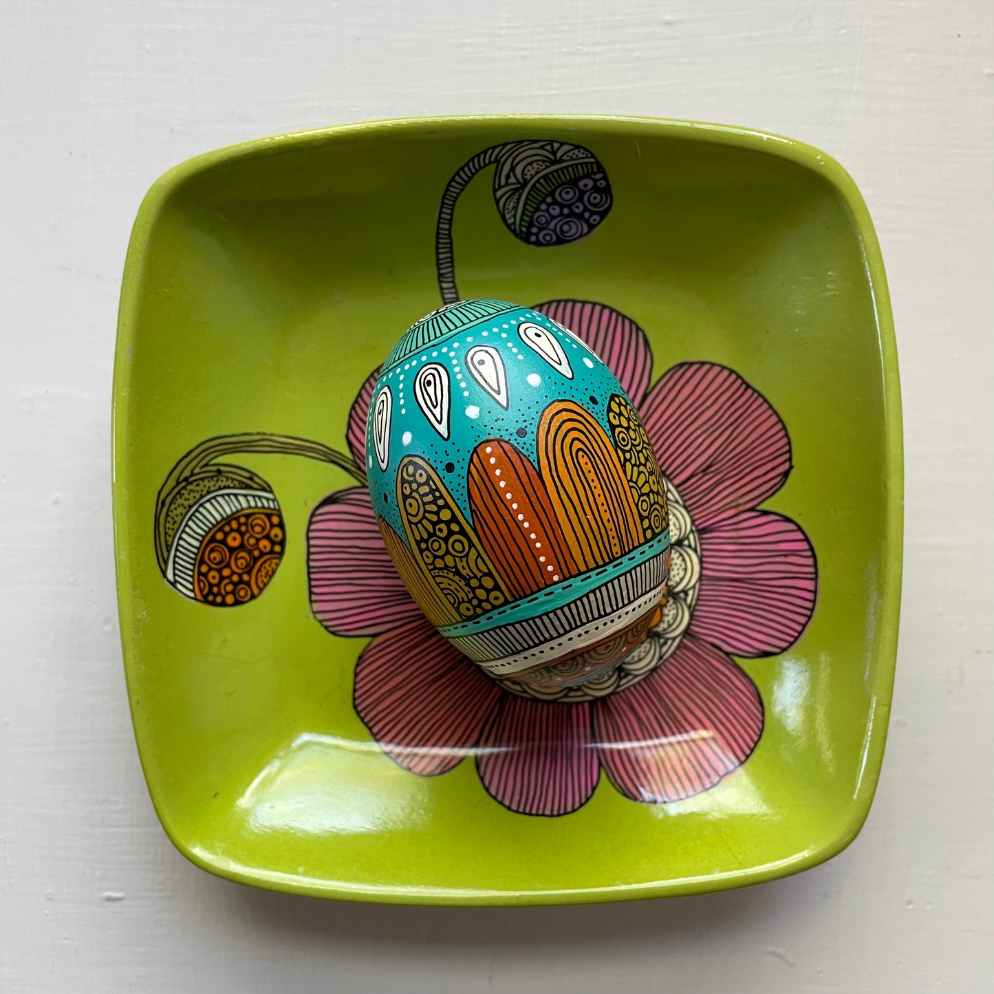 Hand-Painted Wood Easter Egg: Pen & Ink Floral Decor -6