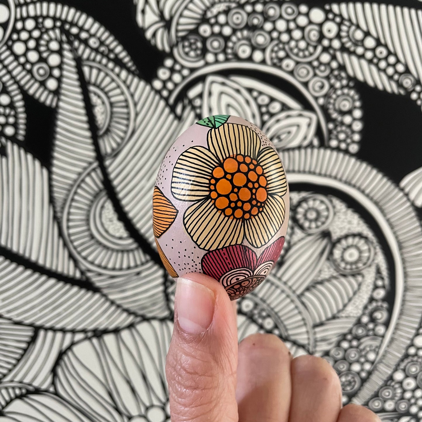 Hand-Painted Wood Easter Egg: Pen & Ink Floral Decor -7