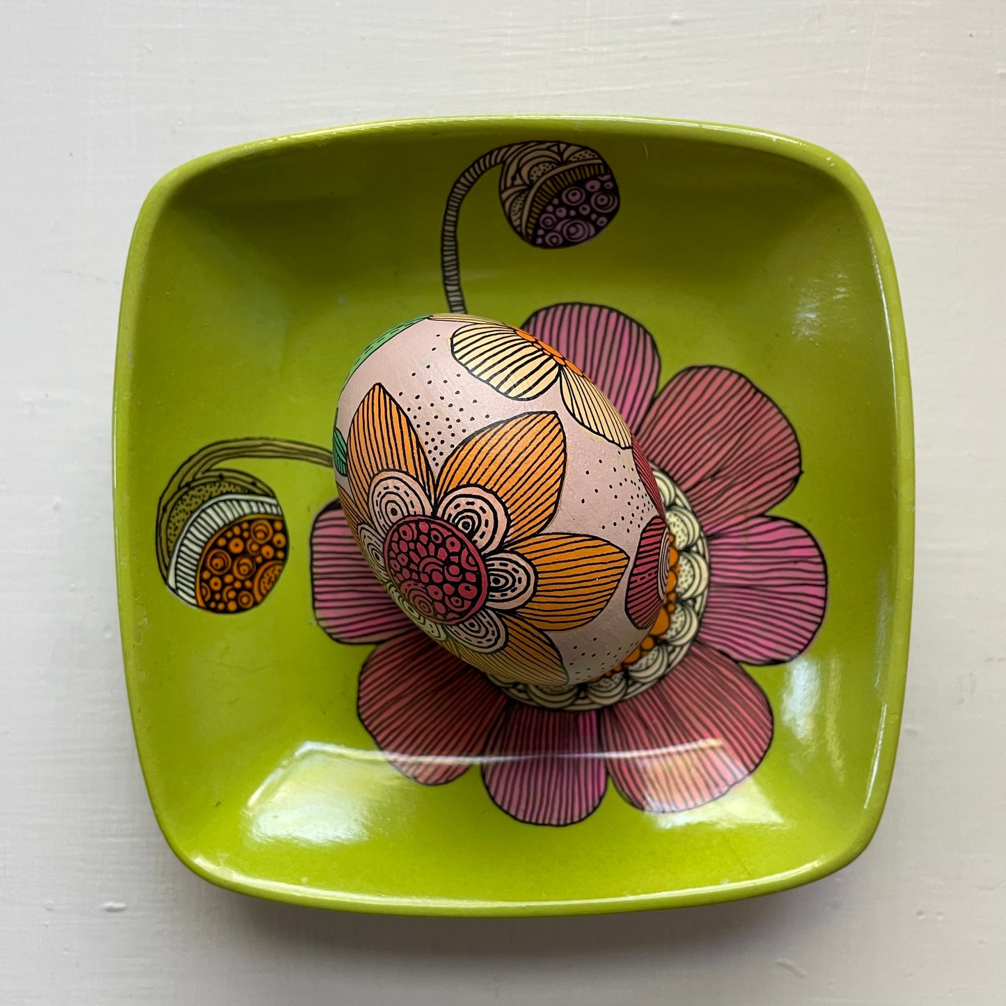 Hand-Painted Wood Easter Egg: Pen & Ink Floral Decor -7