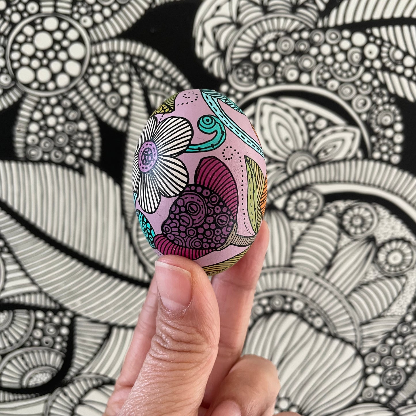 Hand-Painted Wood Easter Egg: Pen & Ink Floral Decor -8