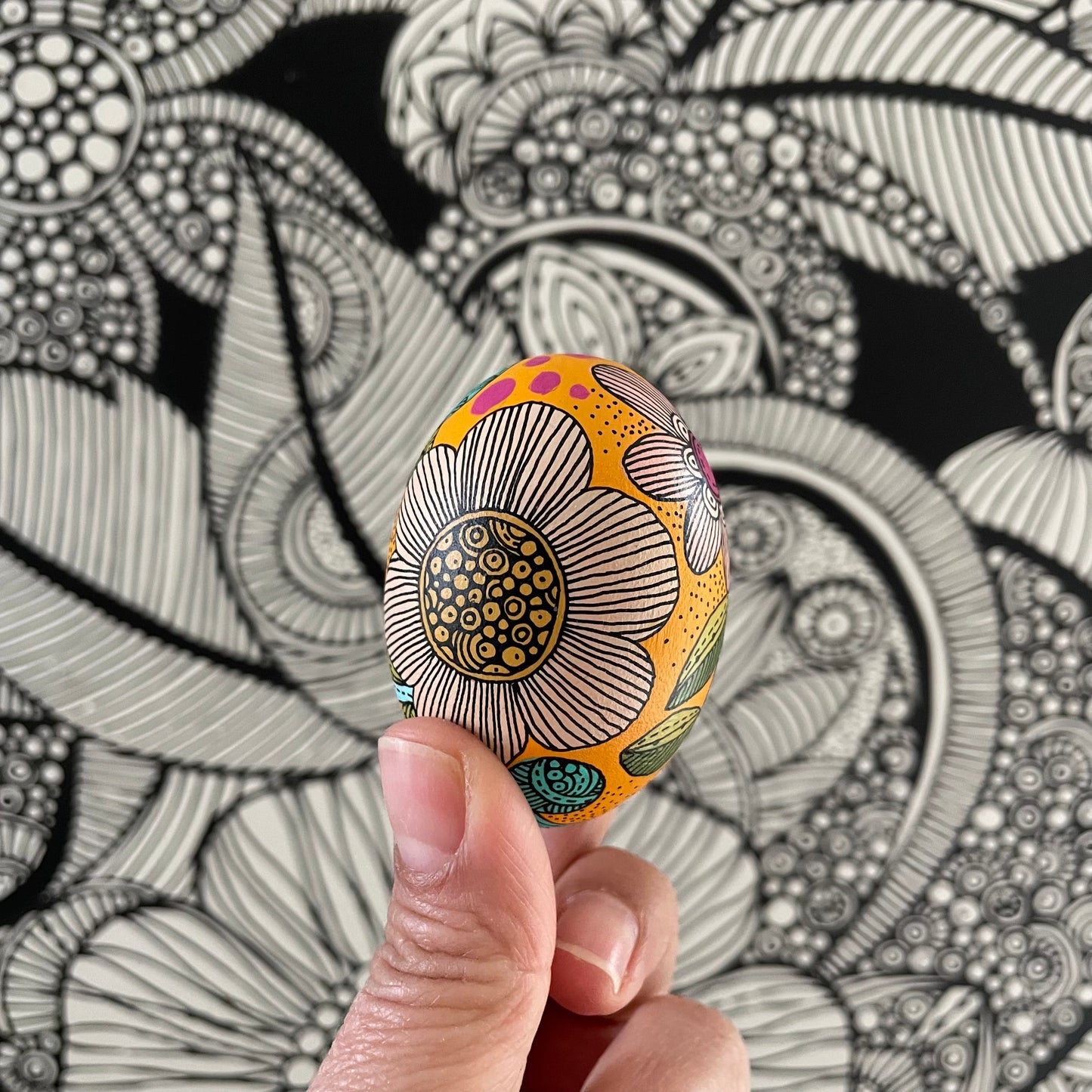Hand-Painted Wood Easter Egg: Pen & Ink Floral Decor -9