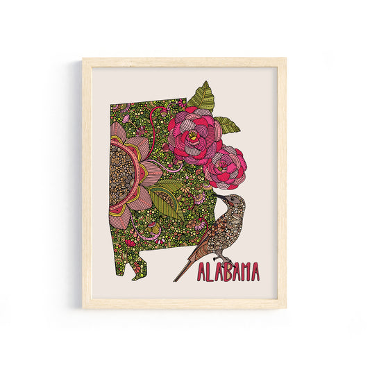 Alabama State Map - State Bird Northern flicker- State Flower Camellia