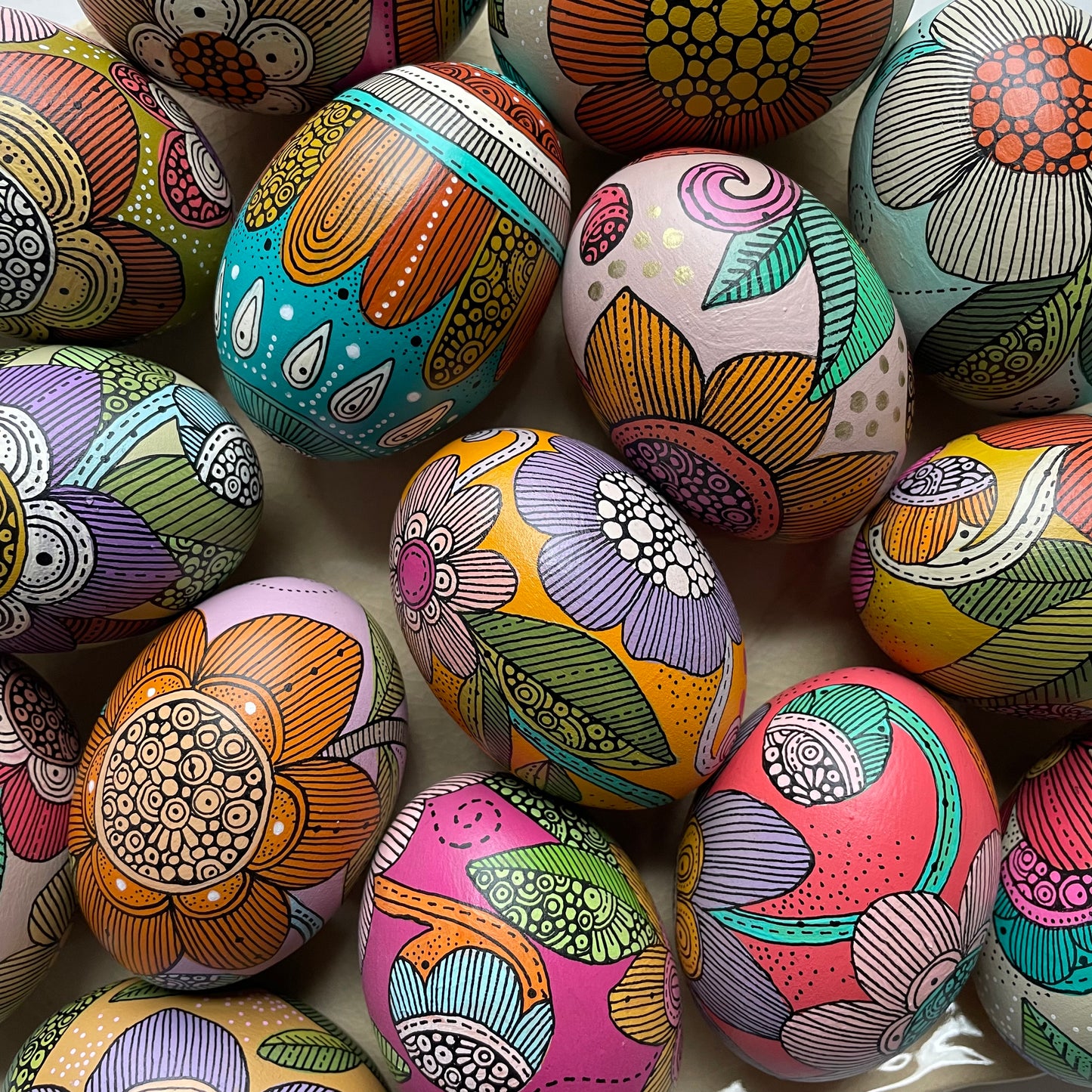 Hand-Painted Wood Easter Egg: Pen & Ink Floral Decor -16