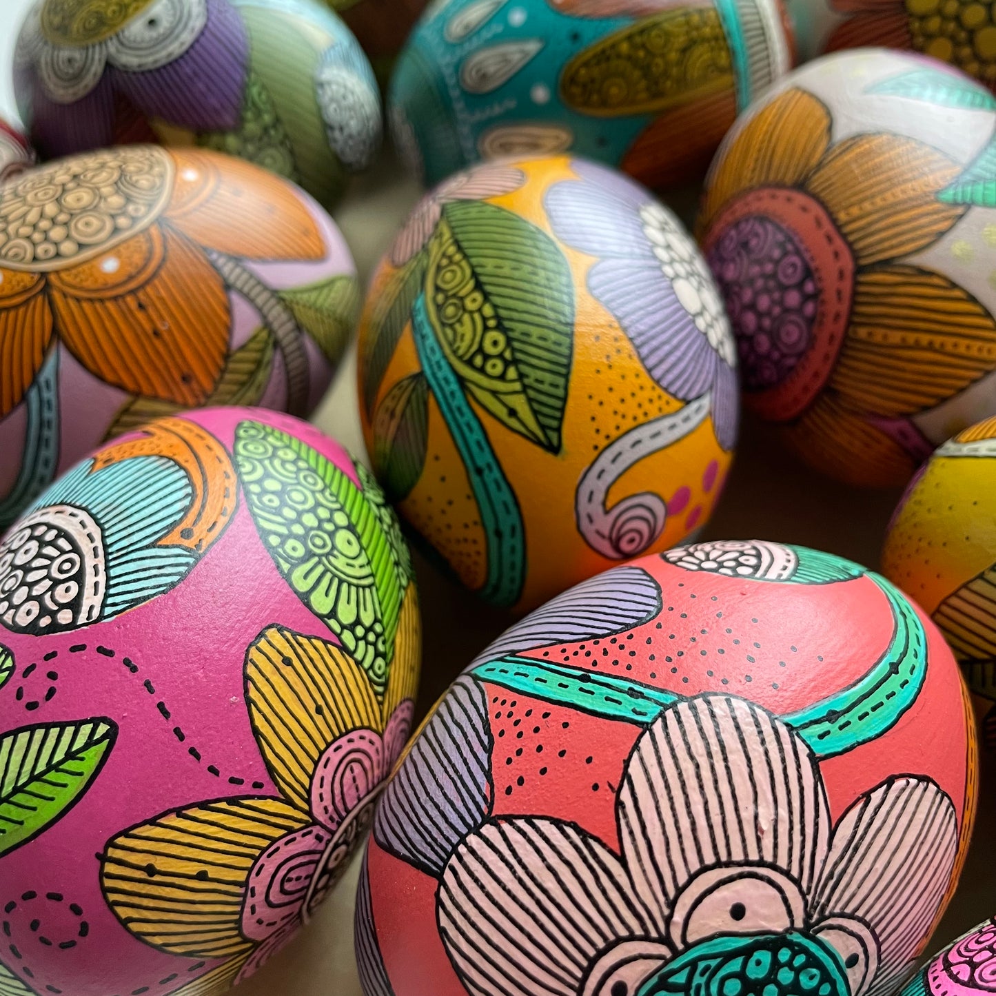 Hand-Painted Wood Easter Egg: Pen & Ink Floral Decor -8