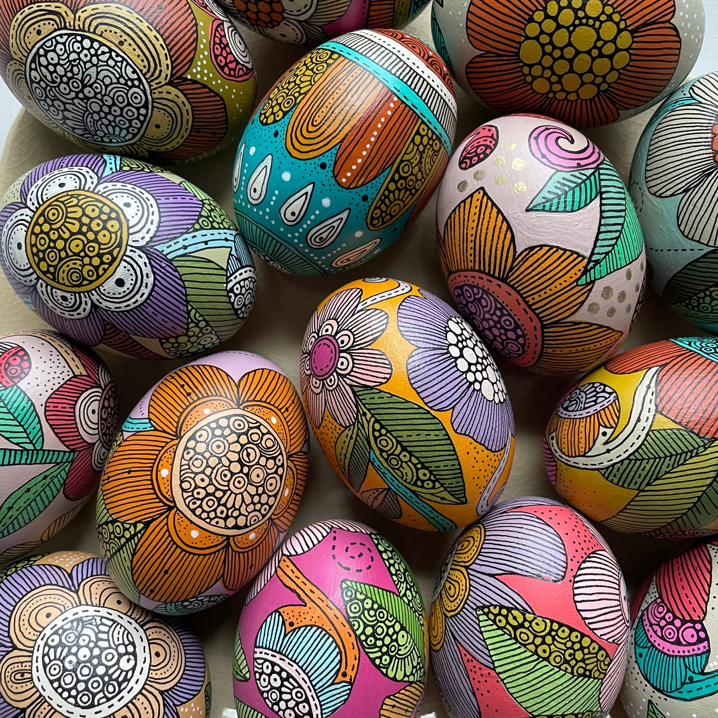 Hand-Painted Wood Easter Egg: Pen & Ink Floral Decor -6