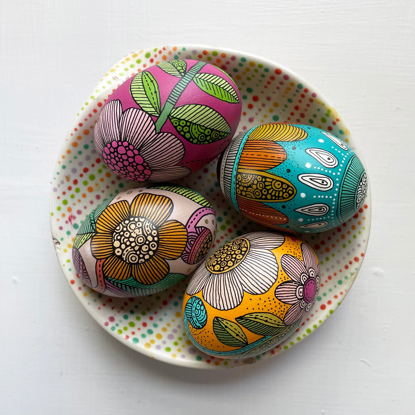 Hand-Painted Wood Easter Egg: Pen & Ink Floral Decor -8