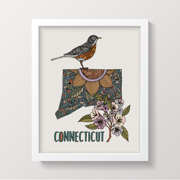 Connecticut State Map - State Bird American robin- State Flower mountain laurel