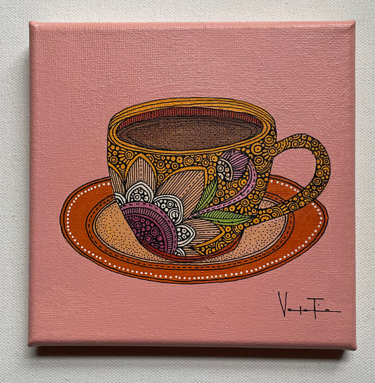 El Cafe- Original Pen and Ink Artwork - 6x6 canvas