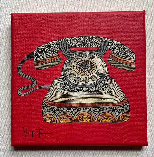 El Telefono- Original Pen and Ink Artwork - 6x6 canvas