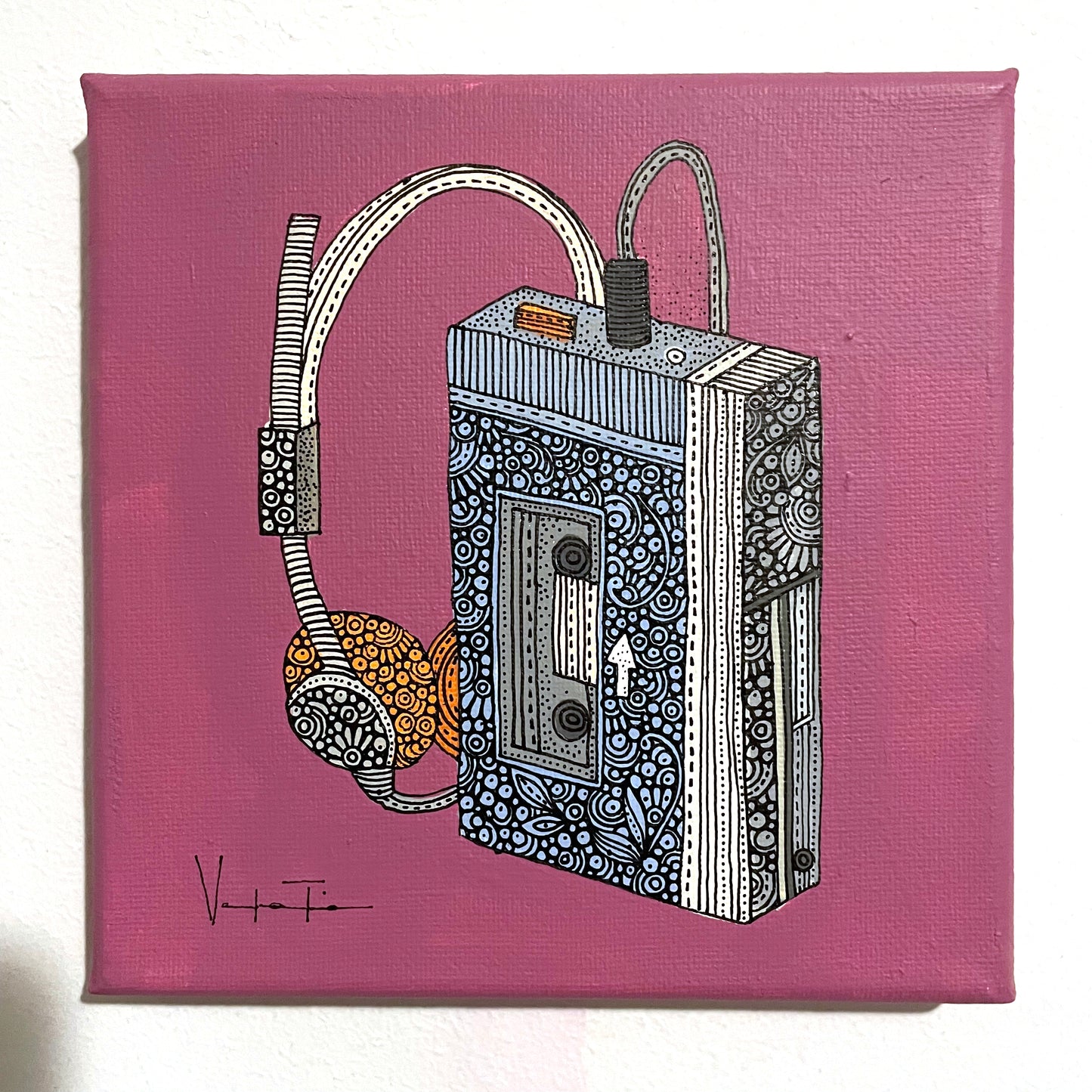 El walkman- Original Pen and Ink Artwork - 6x6 canvas